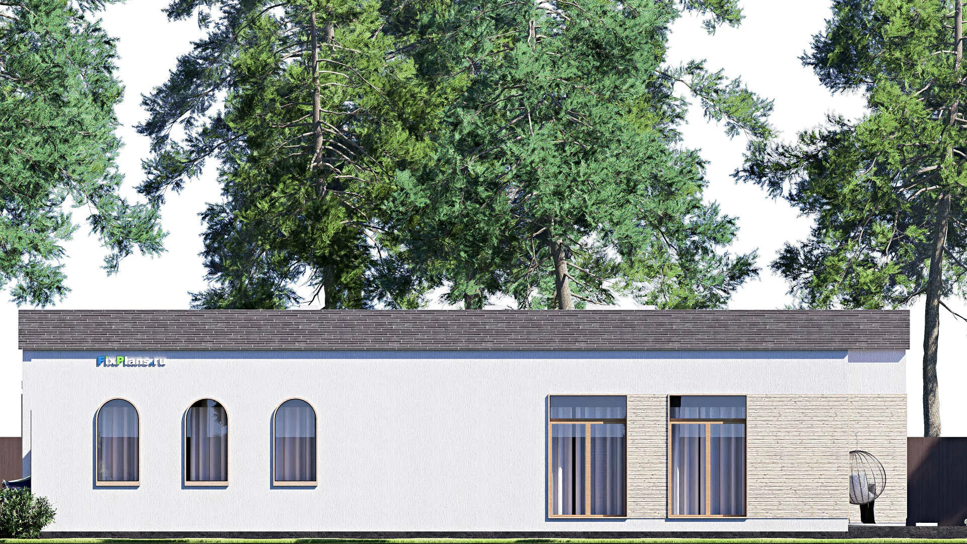 F-20114 - Проект одноэтажного дома 23 на 23, площадью 400 м² с террасой, гаражом на 2 машины и 3 спальнями