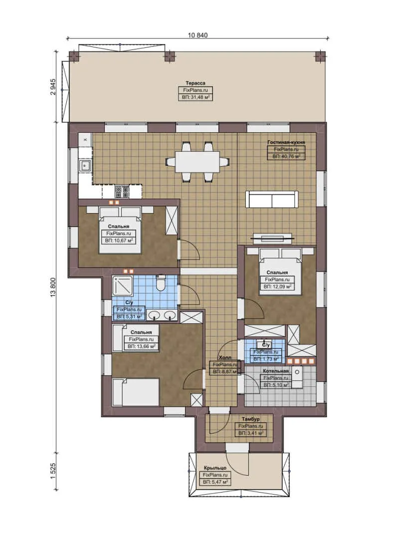 F-6299 - План одноэтажного дома 11 на 14, площадью 140 м² с террасой и 3 спальнями