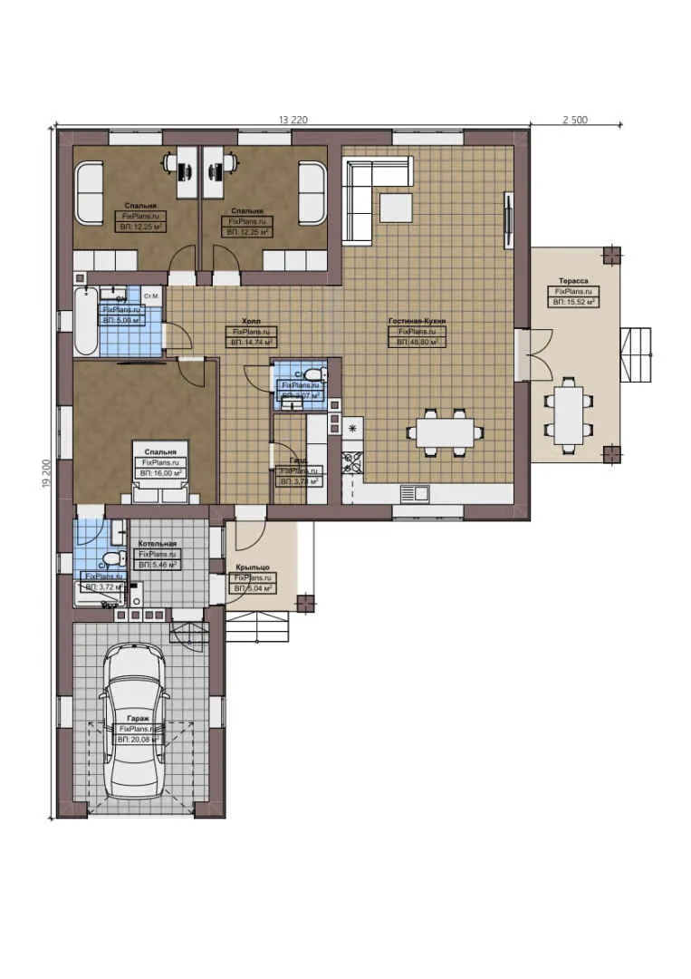 F-1448 - План одноэтажного дома 14 на 20, площадью 170 м² с террасой, гаражом на 1 машину и 3 спальнями