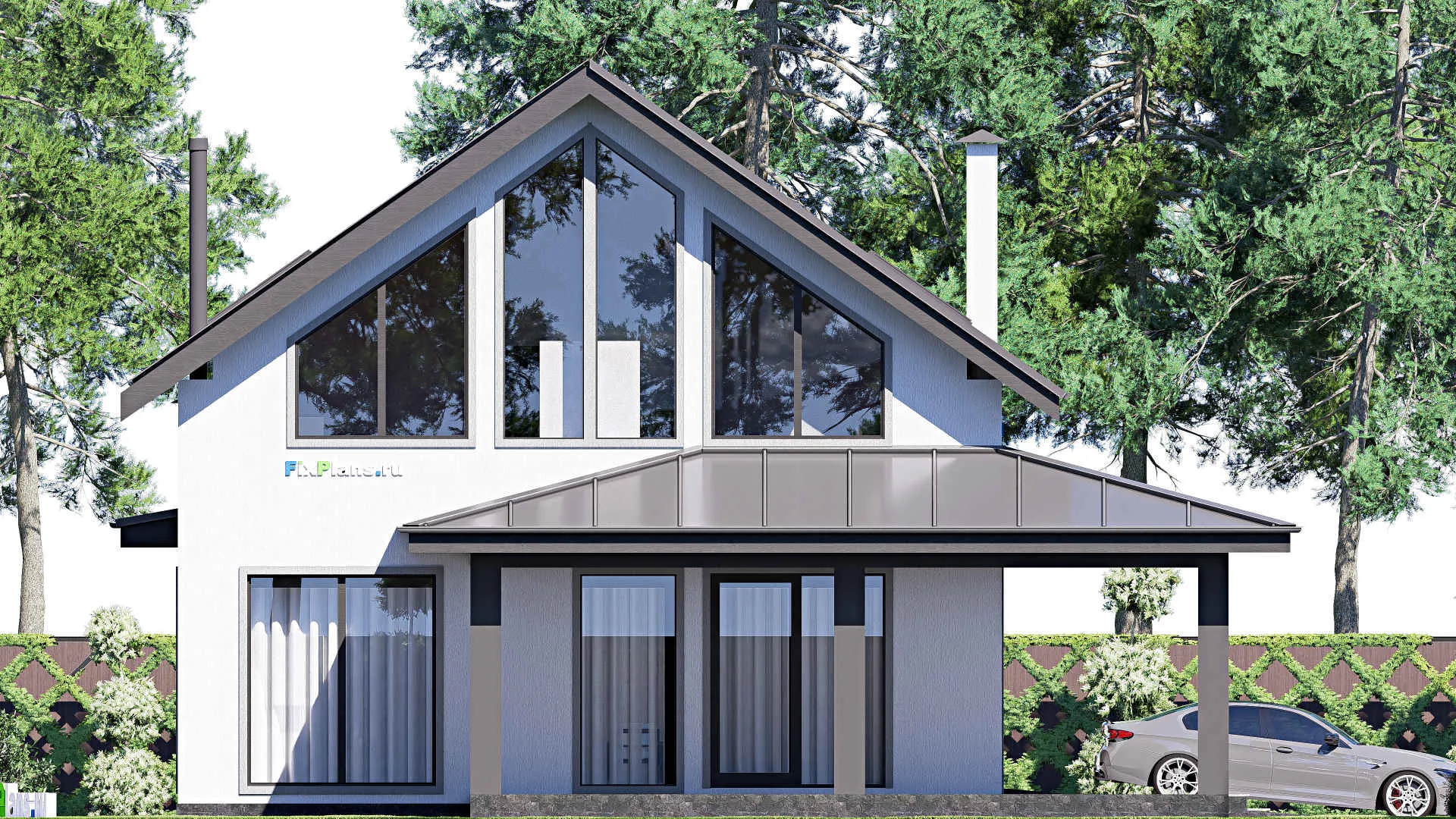 F-18917 - Проект дома с мансардой 14 на 21, площадью 320 м² с террасой, гаражом на 2 машины и 4 спальнями