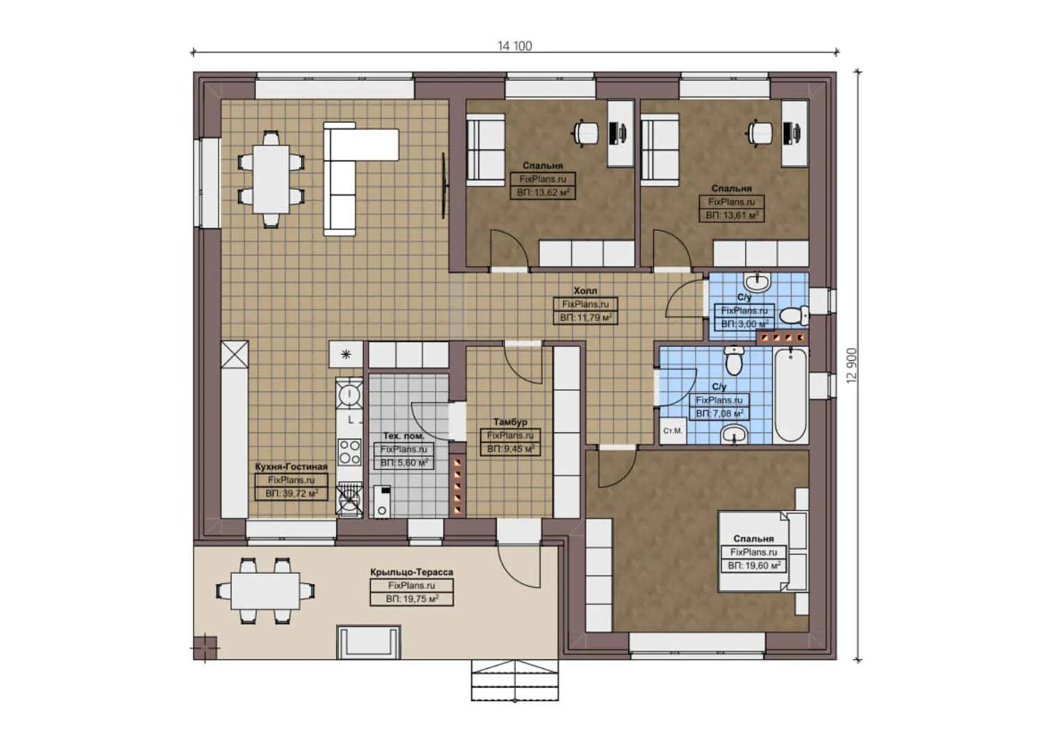 F-0809 - План одноэтажного дома 13 на 15, площадью 150 м² с террасой и 3 спальнями