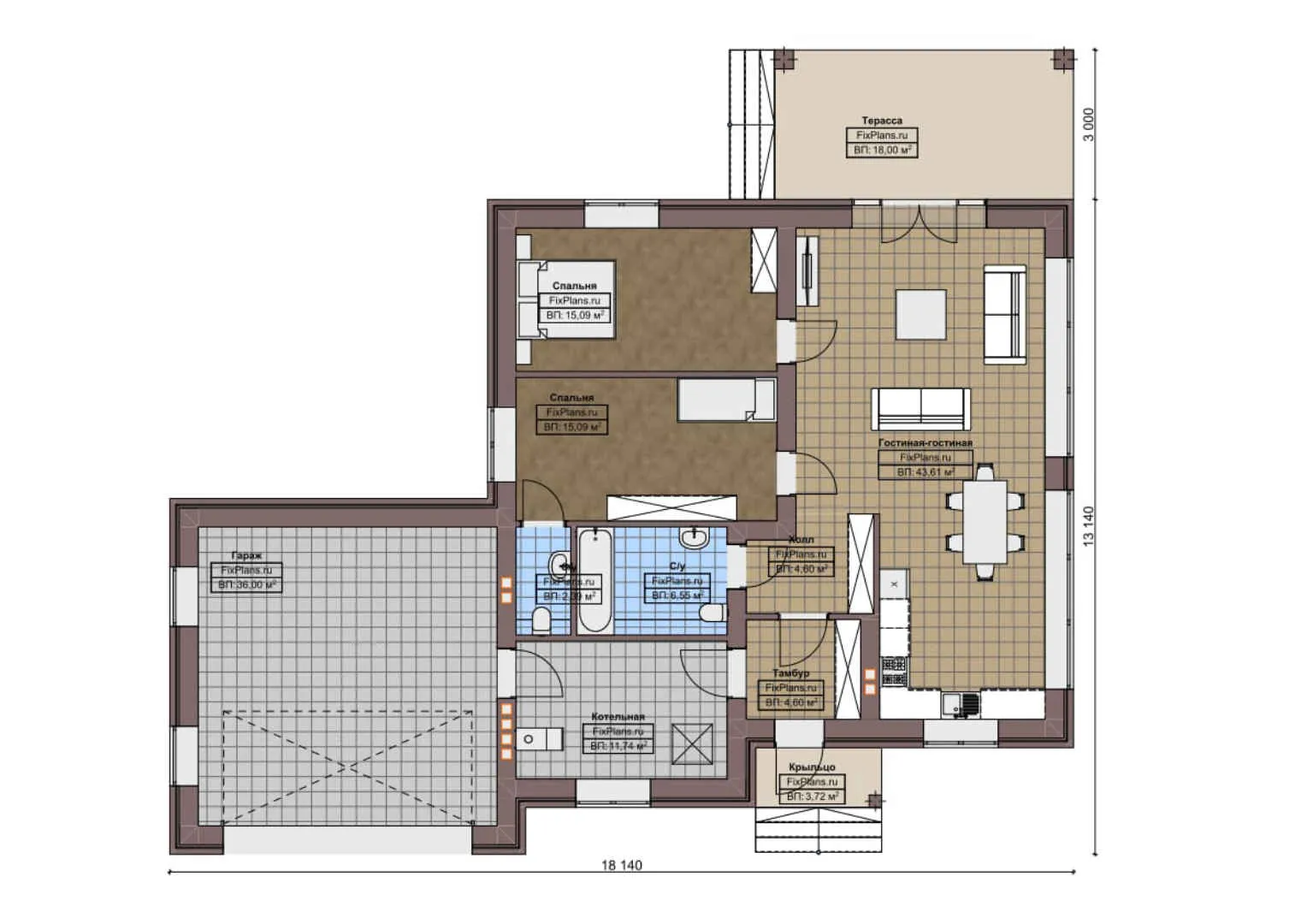 F-3707 - План одноэтажного дома 14 на 19, площадью 170 м² с террасой, гаражом на 2 машины и 2 спальнями