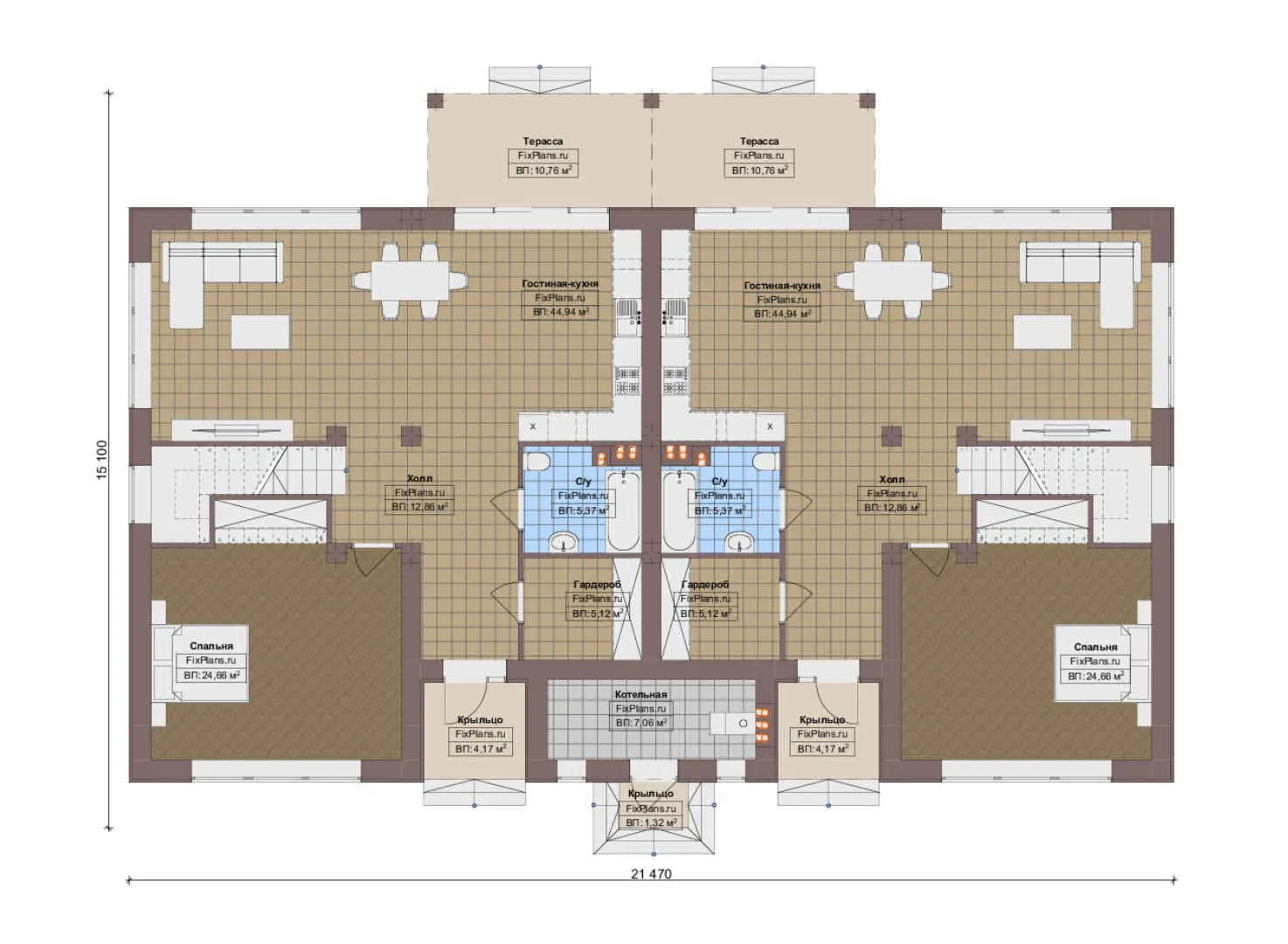 F-15848 - Планы дома с мансардой 16 на 22, площадью 340 м² с террасой и 6 спальнями