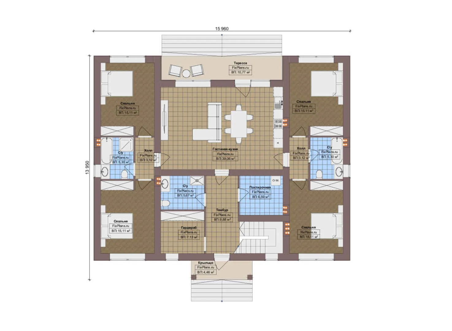 F-12383 - План одноэтажного дома 14 на 16, площадью 320 м² с террасой, цокольным этажом и 4 спальнями