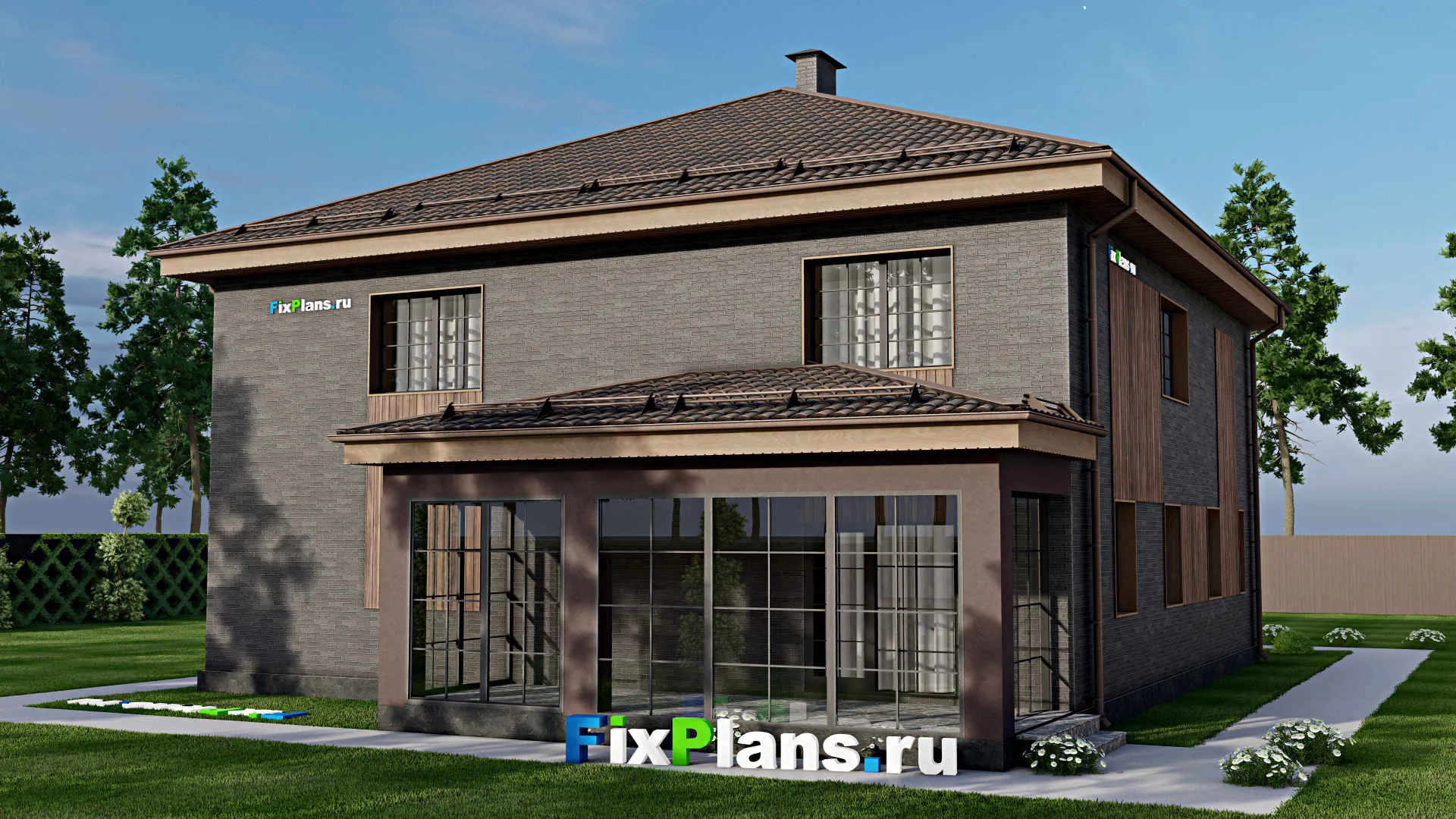 F-8288 - Проект двухэтажного дома 14 на 22, площадью 320 м² с террасой, гаражом на 1 машину и 5 спальнями