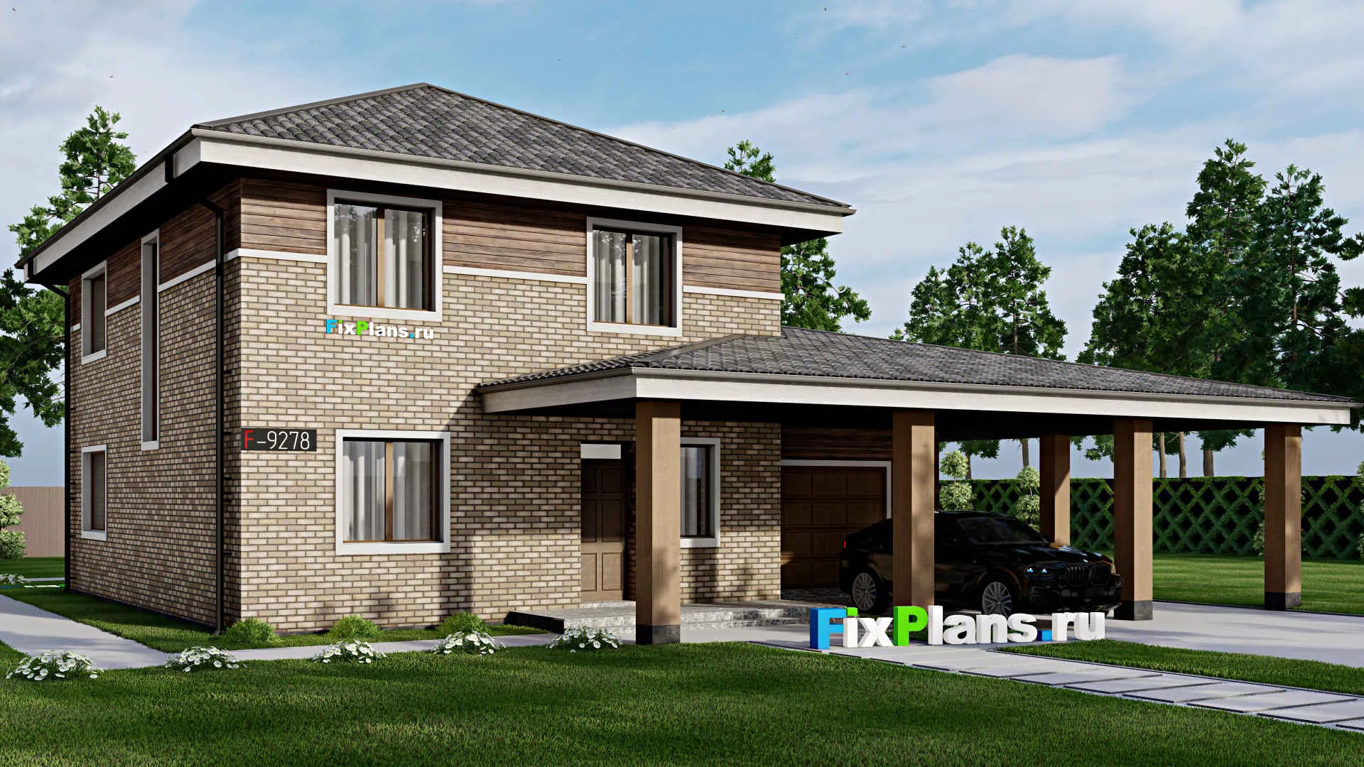 F-9278 - Проект двухэтажного дома 17 на 17, площадью 220 м² с террасой, гаражом на 1 машину и 4 спальнями