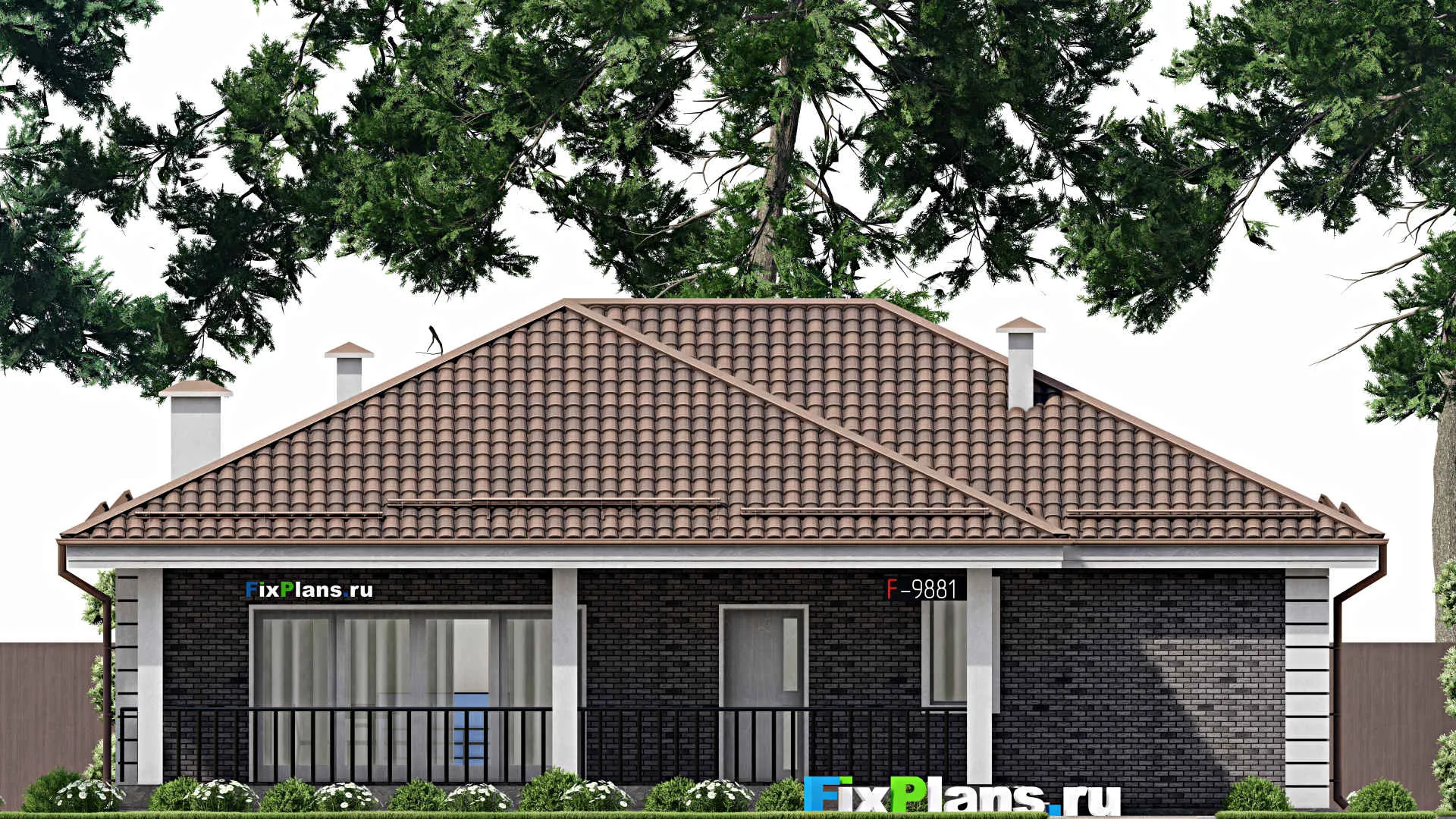 F-9881 - Проект одноэтажного дома 14 на 15, площадью 150 м² с террасой и 4 спальнями