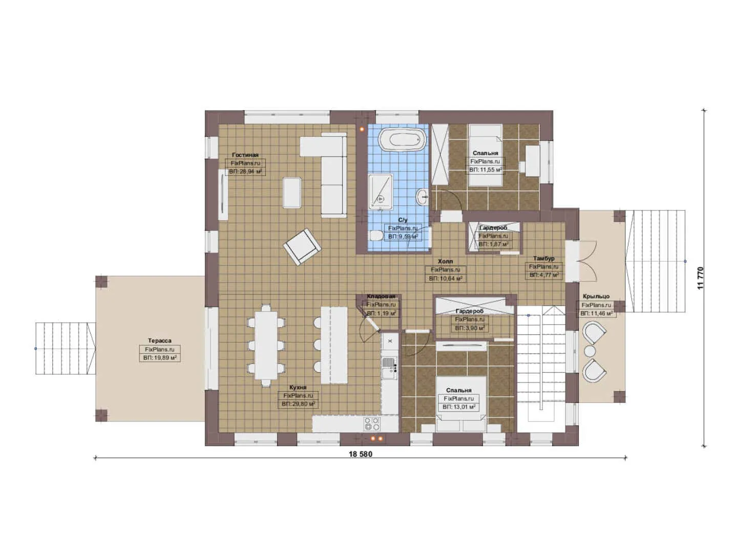 F-16532 - План одноэтажного дома 12 на 19, площадью 270 м² с цокольным этажом и 2 спальнями