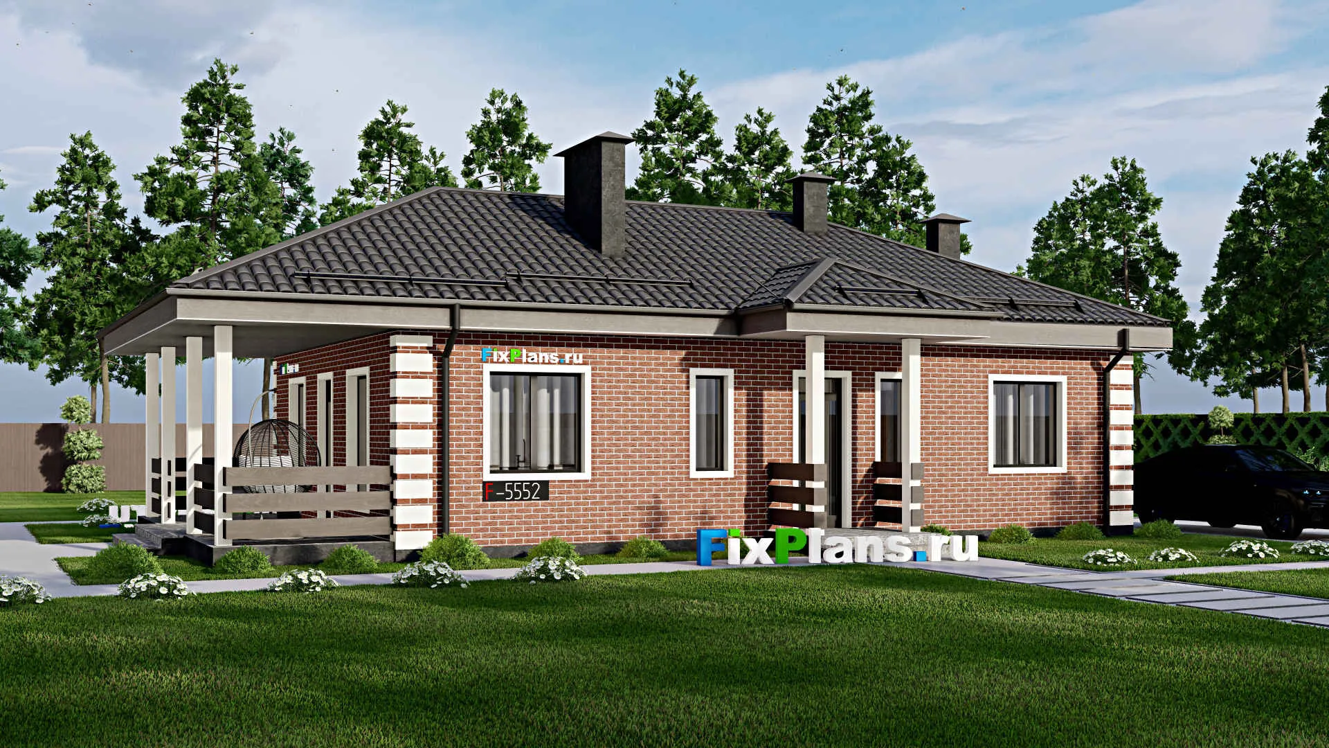 F-5552 - Проект одноэтажного дома 9 на 14, площадью 110 м² с террасой и 3 спальнями