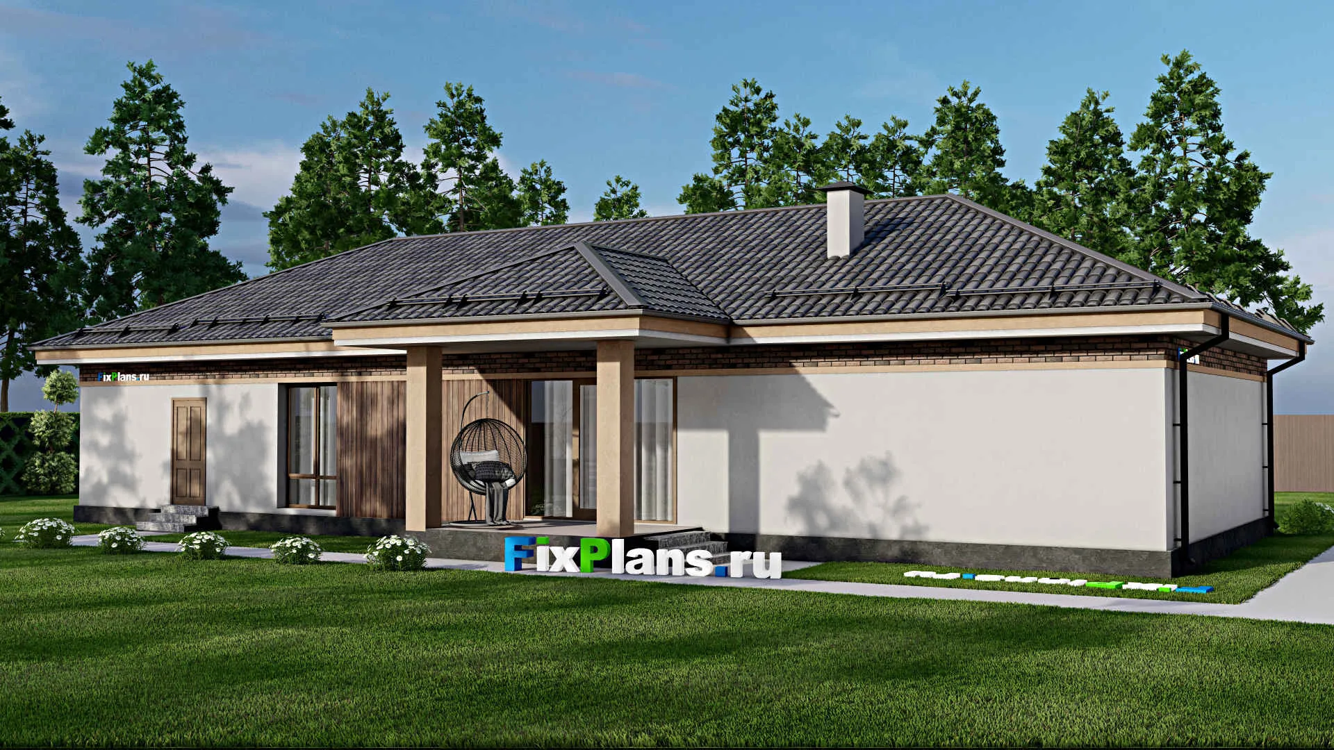 F-8729 - Проект одноэтажного дома 12 на 23, площадью 170 м² с террасой, гаражом на 1 машину и 3 спальнями