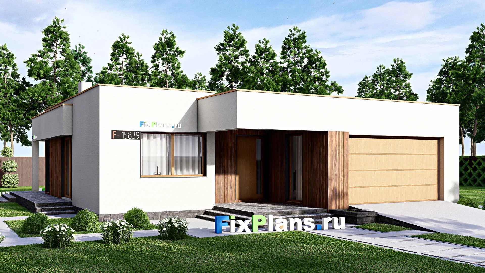 F-15839 - Проект одноэтажного дома 17 на 17, площадью 230 м² с террасой, гаражом на 2 машины и 3 спальнями