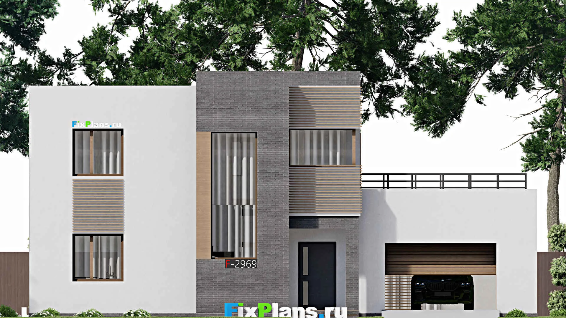 F-2969 - Проект двухэтажного дома 12 на 16, площадью 220 м² с террасой, гаражом на 2 машины и 3 спальнями