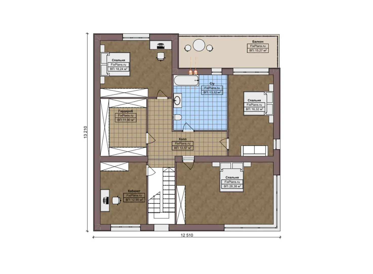 F-7145 - Планы двухэтажного дома 15 на 20, площадью 340 м² с балконом, гаражом на 2 машины и 4 спальнями