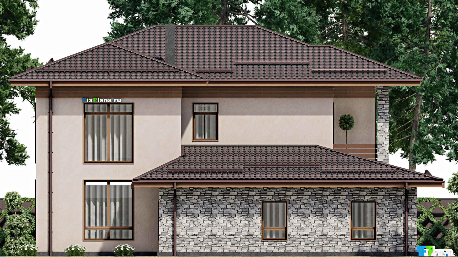 F-2114 - Проект двухэтажного дома 14 на 16, площадью 240 м² с балконом, гаражом на 1 машину и 4 спальнями