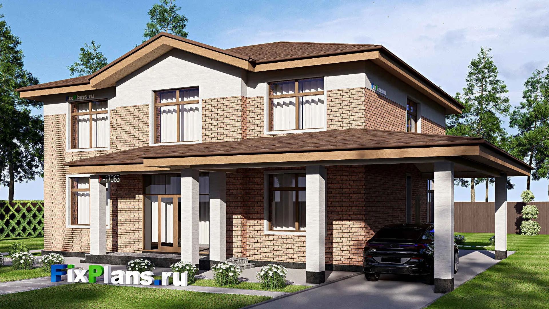 F-17063 - Проект двухэтажного дома 18 на 18, площадью 290 м² с террасой, балконом и 5 спальнями