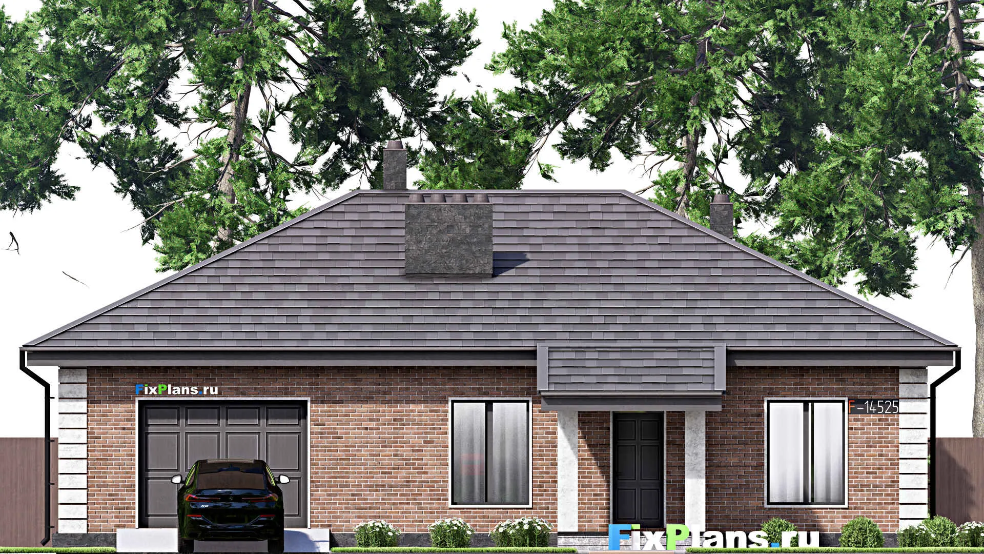 F-14525 - Проект одноэтажного дома 13 на 17, площадью 150 м² с террасой, гаражом на 2 машины и 2 спальнями
