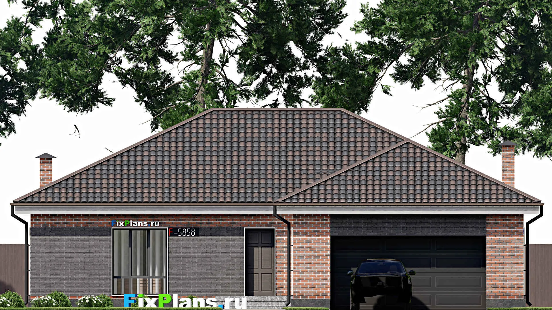 F-5858 - План одноэтажного дома 16 на 18, площадью 190 м² с гаражом на 2 машины и 3 спальнями