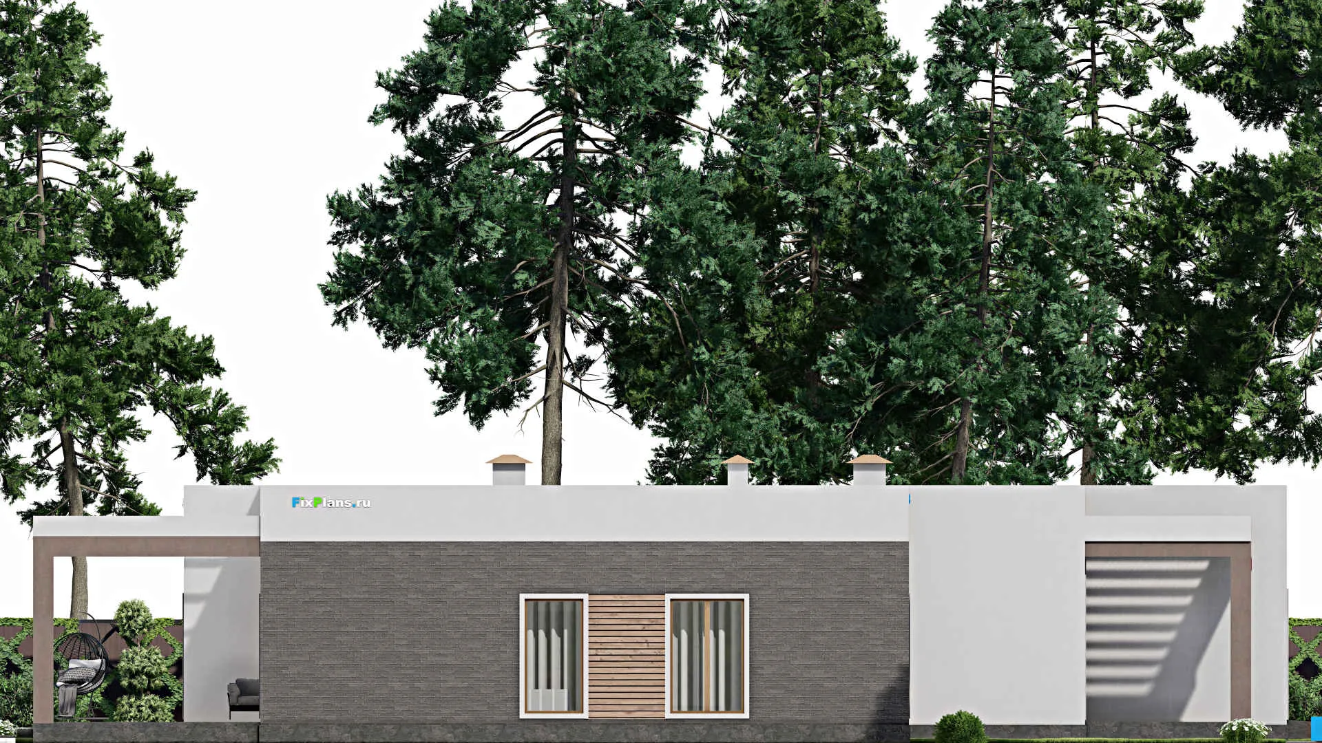 F-8765 - Проект одноэтажного дома 18 на 25, площадью 330 м² с террасой, гаражом на 2 машины и 3 спальнями