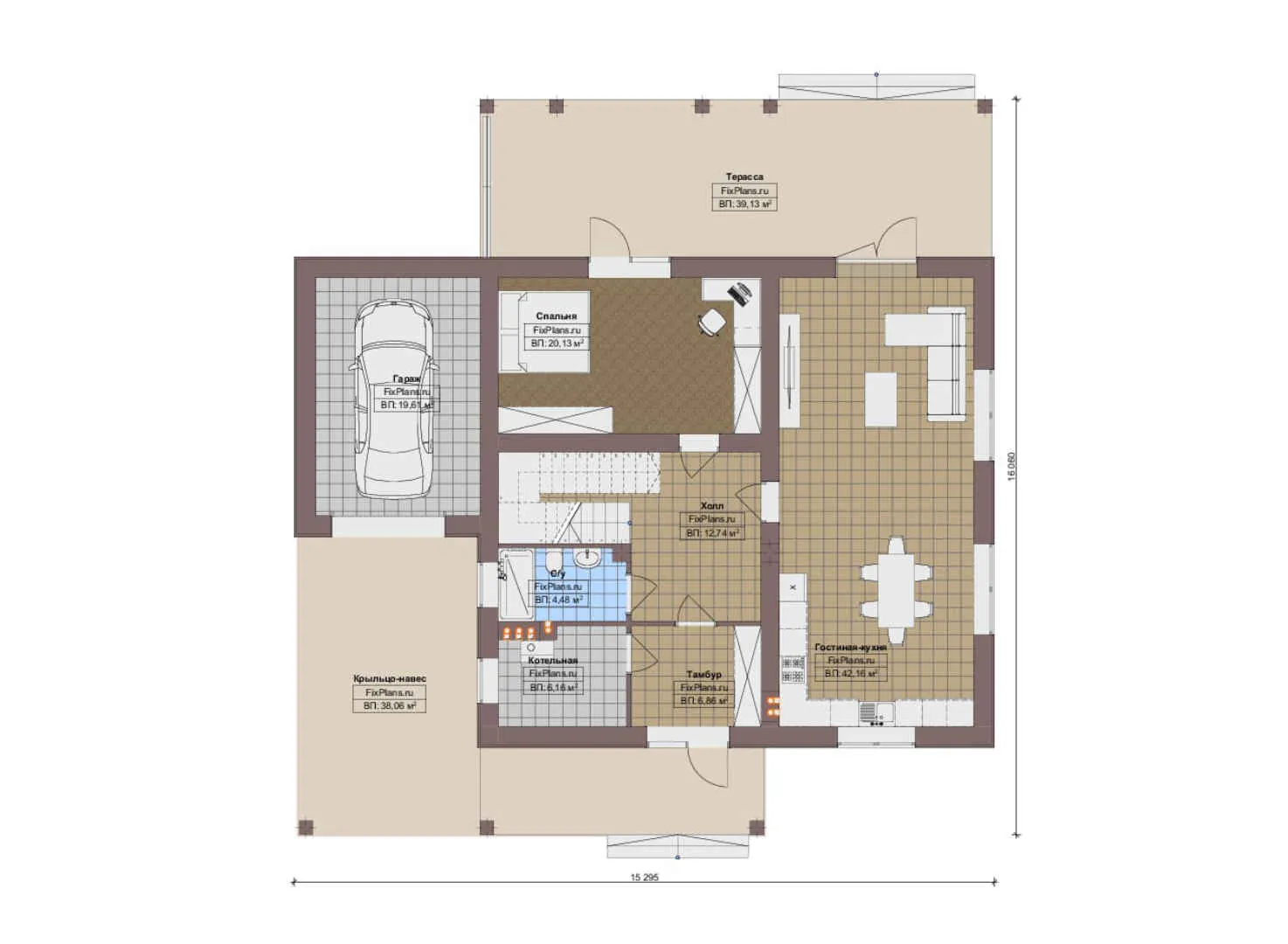 F-13697 - Планы дома с мансардой 16 на 17, площадью 280 м² с террасой, гаражом на 1 машину и 4 спальнями