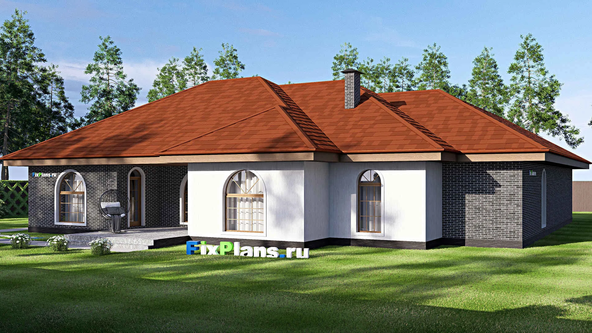 F-17306 - Проект одноэтажного дома 22 на 24, площадью 270 м² с террасой, гаражом на 2 машины и 4 спальнями