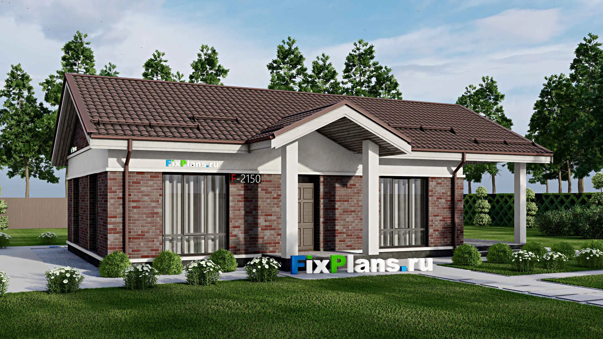 F-2150 - Проект одноэтажного дома 10 на 13, площадью 120 м² с террасой и 2 спальнями