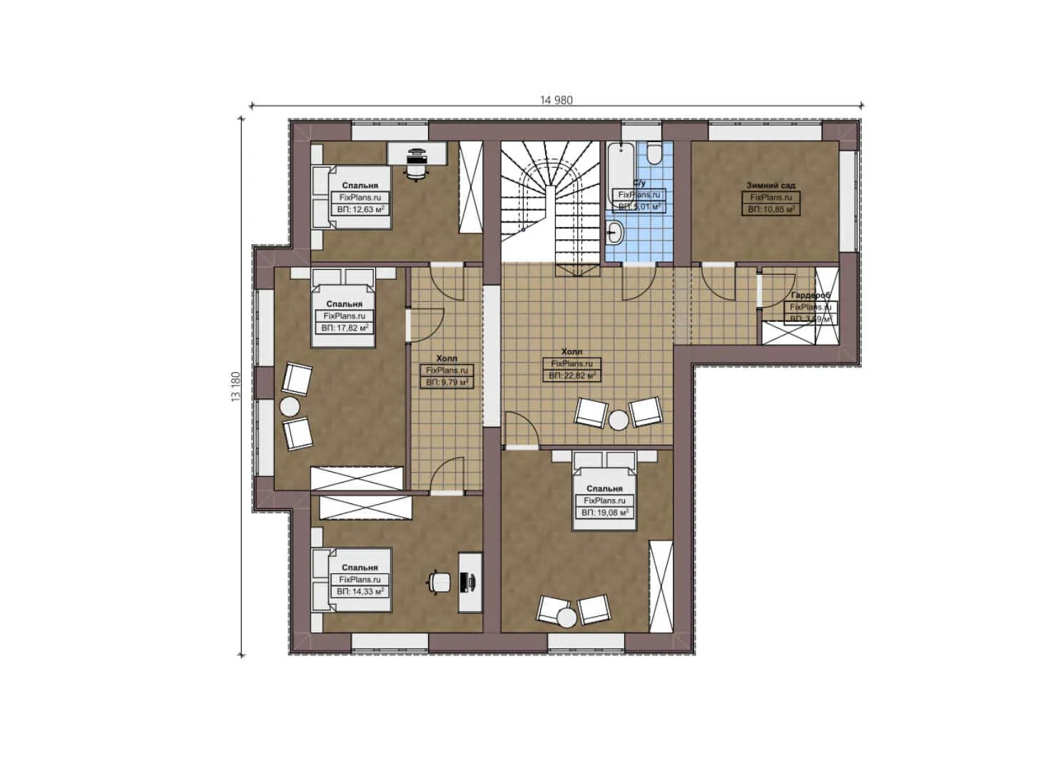 F-2537 - Планы двухэтажного дома 14 на 15, площадью 300 м² с террасой, гаражом на 1 машину и 5 спальнями