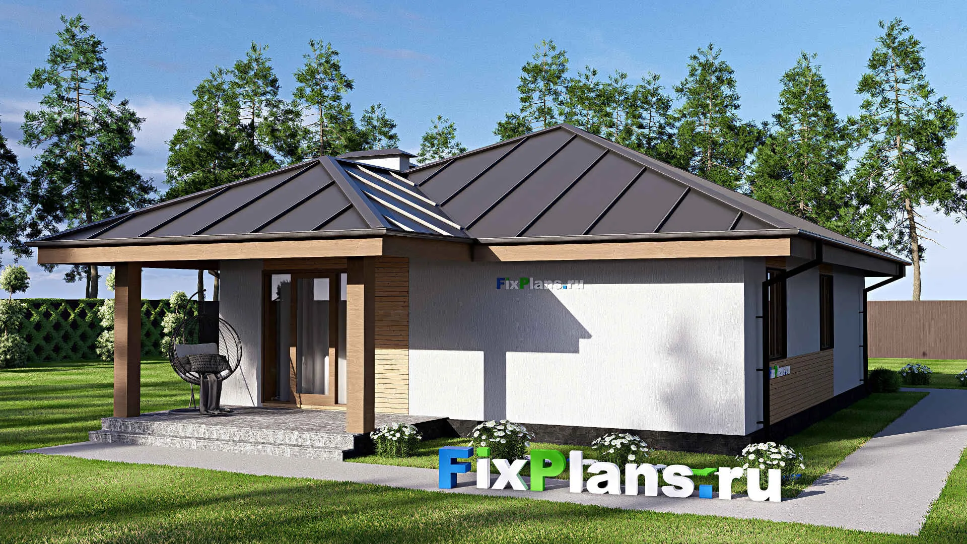 F-17999 - Проект одноэтажного дома 10 на 16, площадью 120 м² с террасой и 3 спальнями