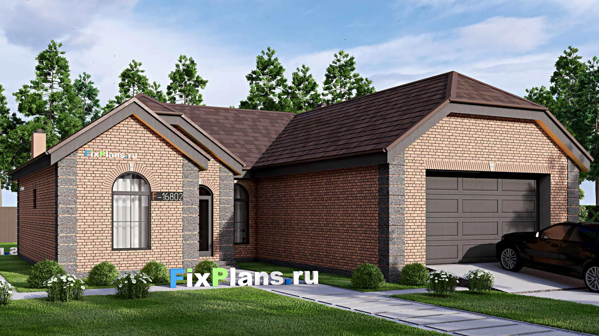 F-16802 - Проект одноэтажного дома 16 на 22, площадью 190 м² с террасой, гаражом на 2 машины и 3 спальнями