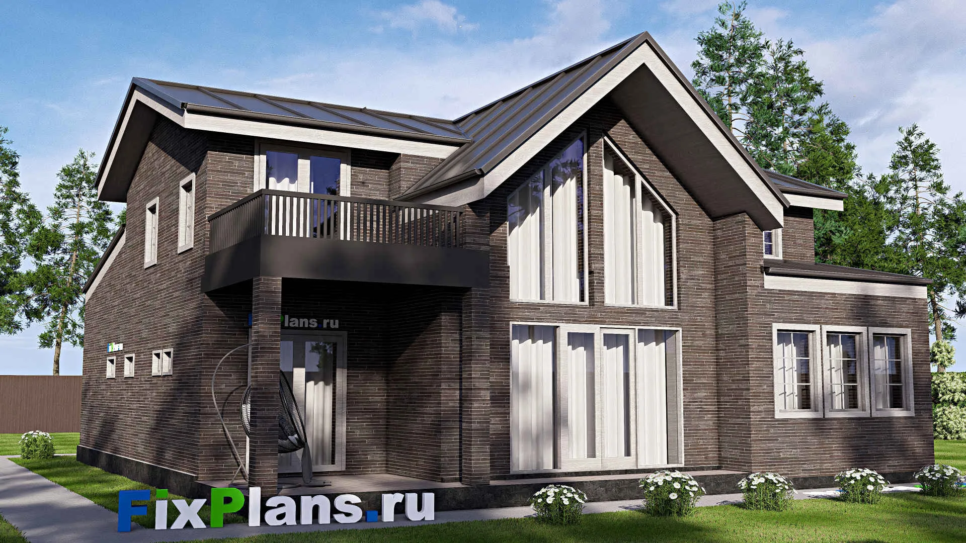 F-20411 - Проект дома с мансардой 14 на 15, площадью 240 м² с террасой, балконом, гаражом на 1 машину и 5 спальнями