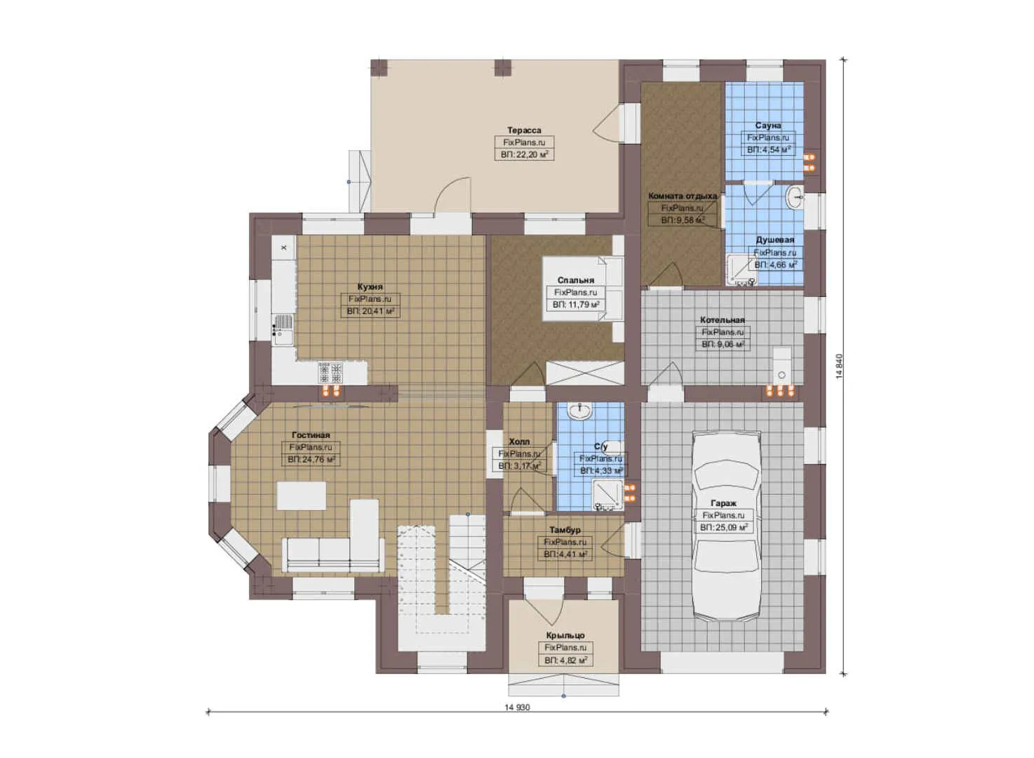 F-12635 - Планы двухэтажного дома 15 на 15, площадью 220 м² с террасой, баней, гаражом на 1 машину и 4 спальнями