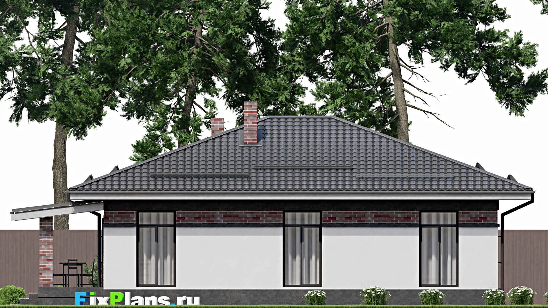 F-1691 - Проект одноэтажного дома 10 на 12, площадью 110 м² с террасой и 4 спальнями