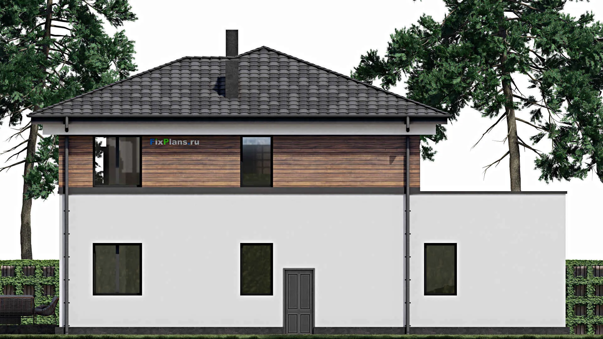 F-0764 - Проект двухэтажного дома 14 на 16, площадью 290 м² с террасой, балконом, гаражом на 2 машины и 2 спальнями