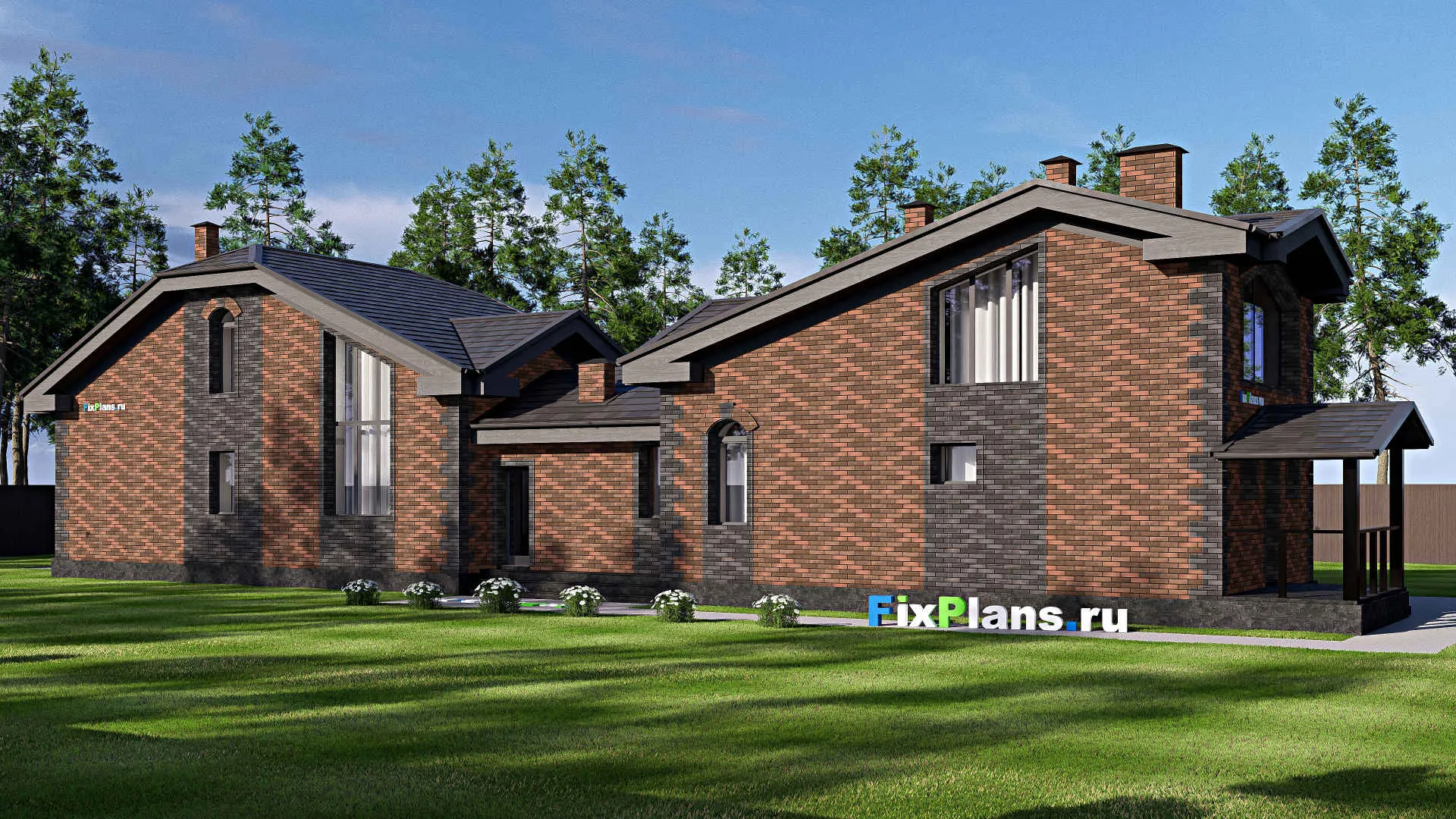 F-19556 - Проект дома с мансардой 8 на 32, площадью 190 м² с террасой, баней и 1 спальнями