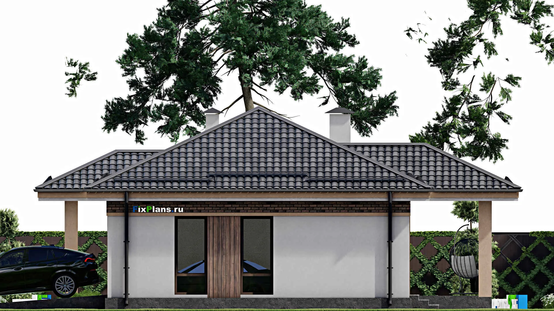 F-8729 - Проект одноэтажного дома 12 на 23, площадью 170 м² с террасой, гаражом на 1 машину и 3 спальнями