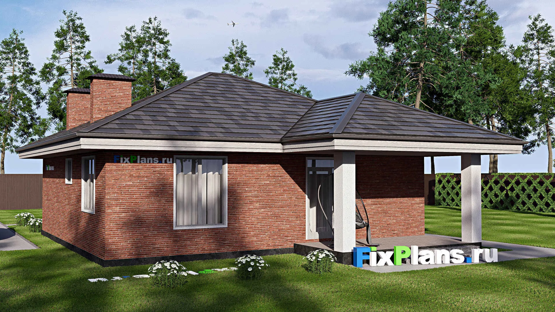 F-19295 - Проект одноэтажного дома 11 на 14, площадью 100 м² с террасой и 2 спальнями