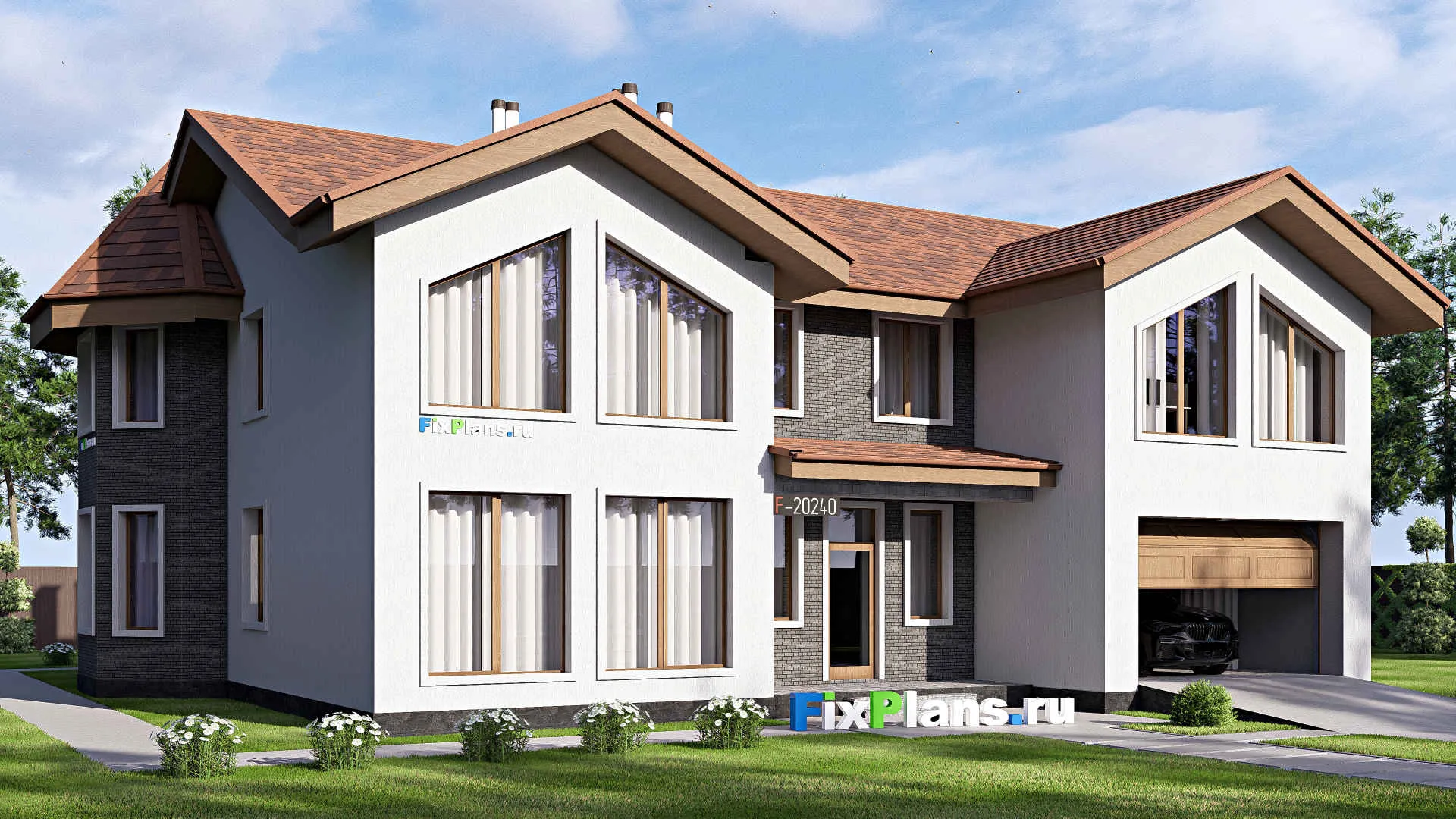 F-20240 - Проект двухэтажного дома 19 на 20, площадью 360 м² с террасой, гаражом на 2 машины и 3 спальнями