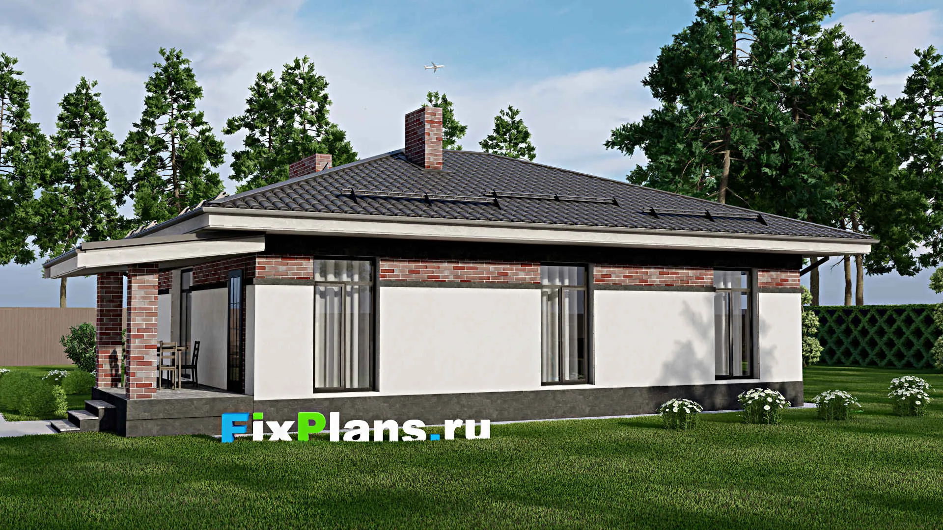 F-1691 - Проект одноэтажного дома 10 на 12, площадью 110 м² с террасой и 4 спальнями