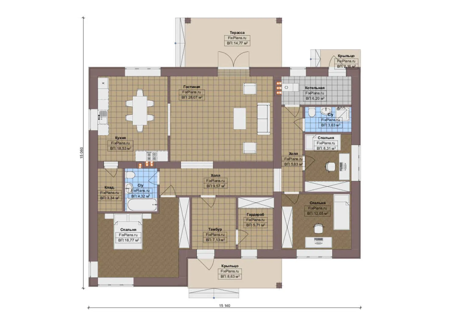 F-14579 - План одноэтажного дома 16 на 16, площадью 160 м² с террасой и 3 спальнями