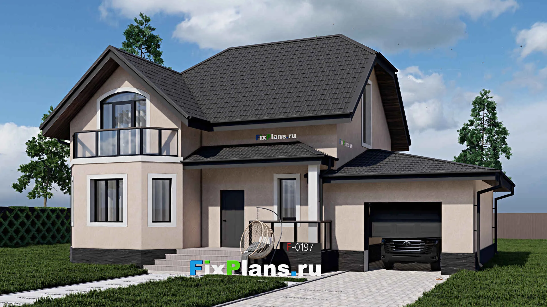 F-0197i - Проект дома с мансардой 11 на 15, площадью 160 м² с террасой, балконом, гаражом на 1 машину и 4 спальнями