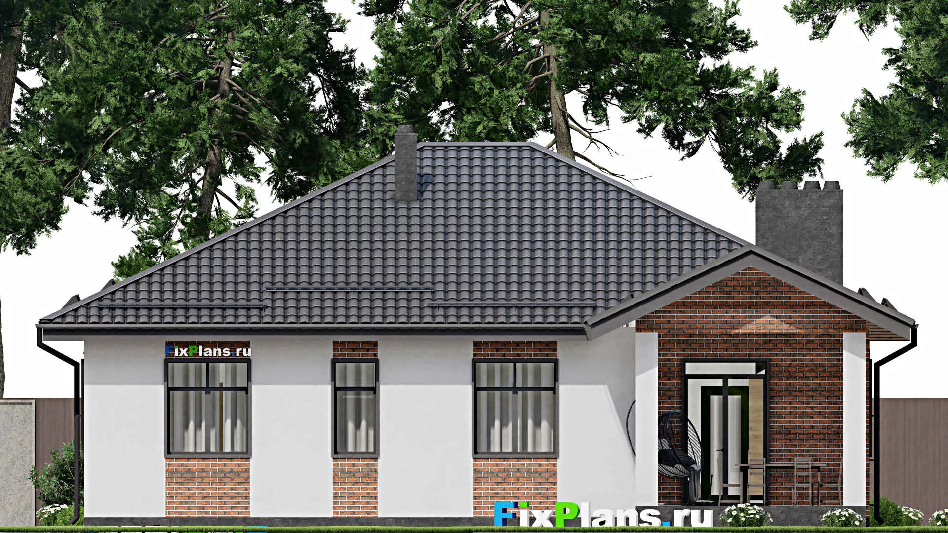 F-3626 - Проект одноэтажного дома 14 на 14, площадью 170 м² с террасой и 3 спальнями