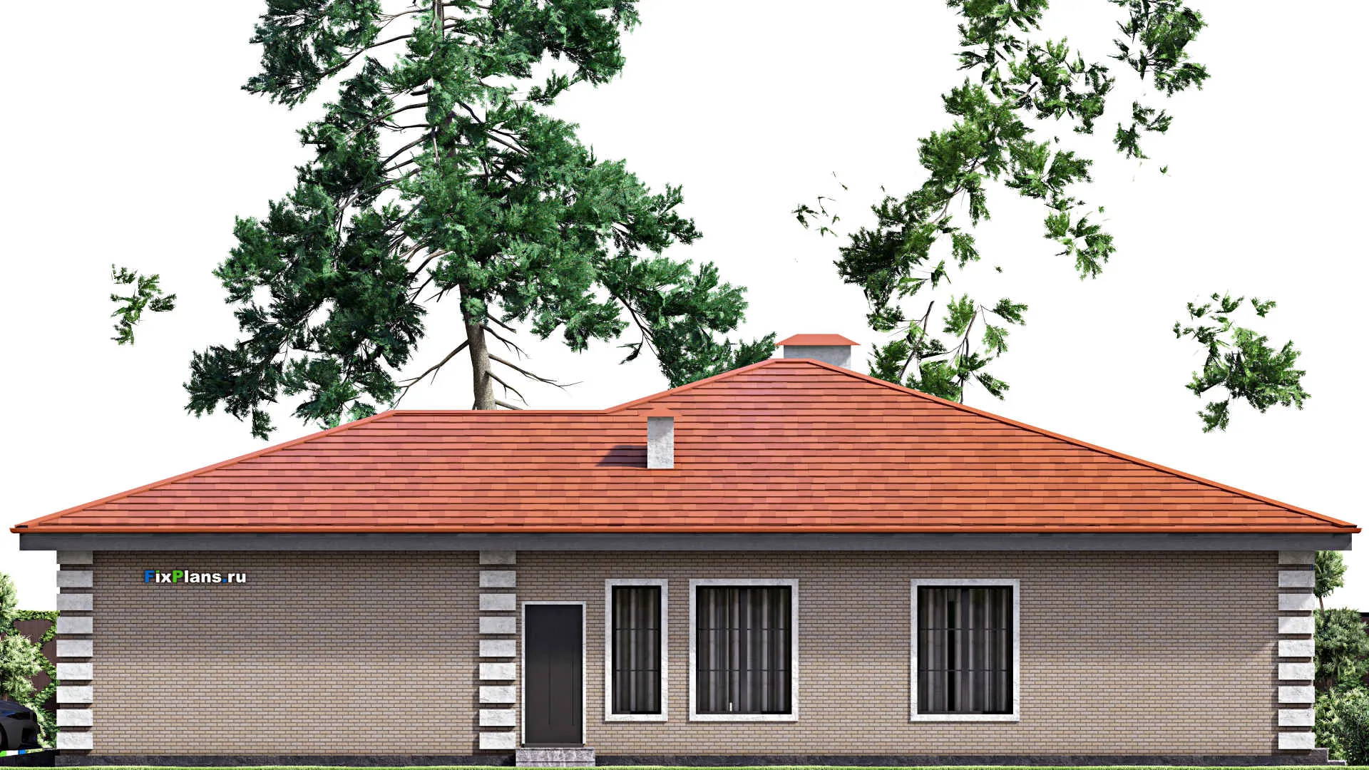 F-15290 - Проект одноэтажного дома 16 на 19, площадью 220 м² с террасой, гаражом на 1 машину и 3 спальнями