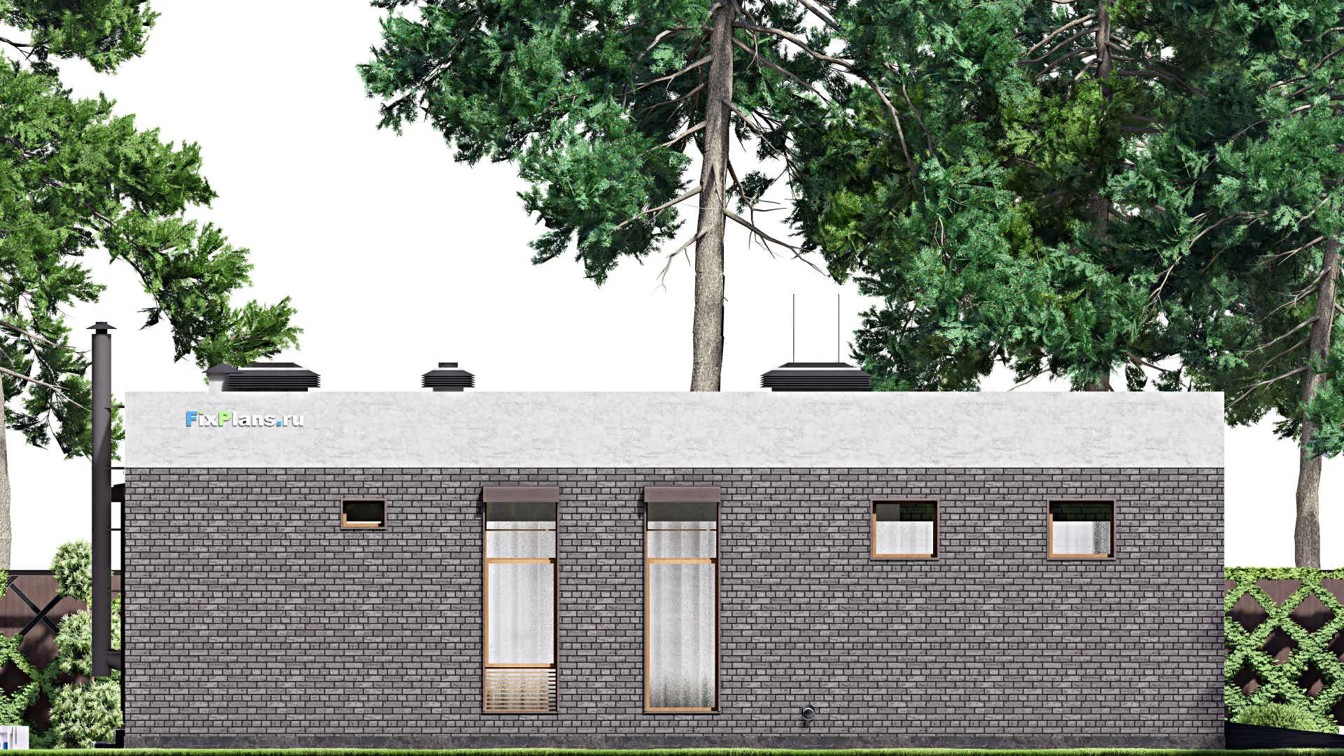 F-12779 - Проект одноэтажного дома 15 на 19, площадью 230 м² с террасой, баней, гаражом на 1 машину, спортзалом и 2 спальнями