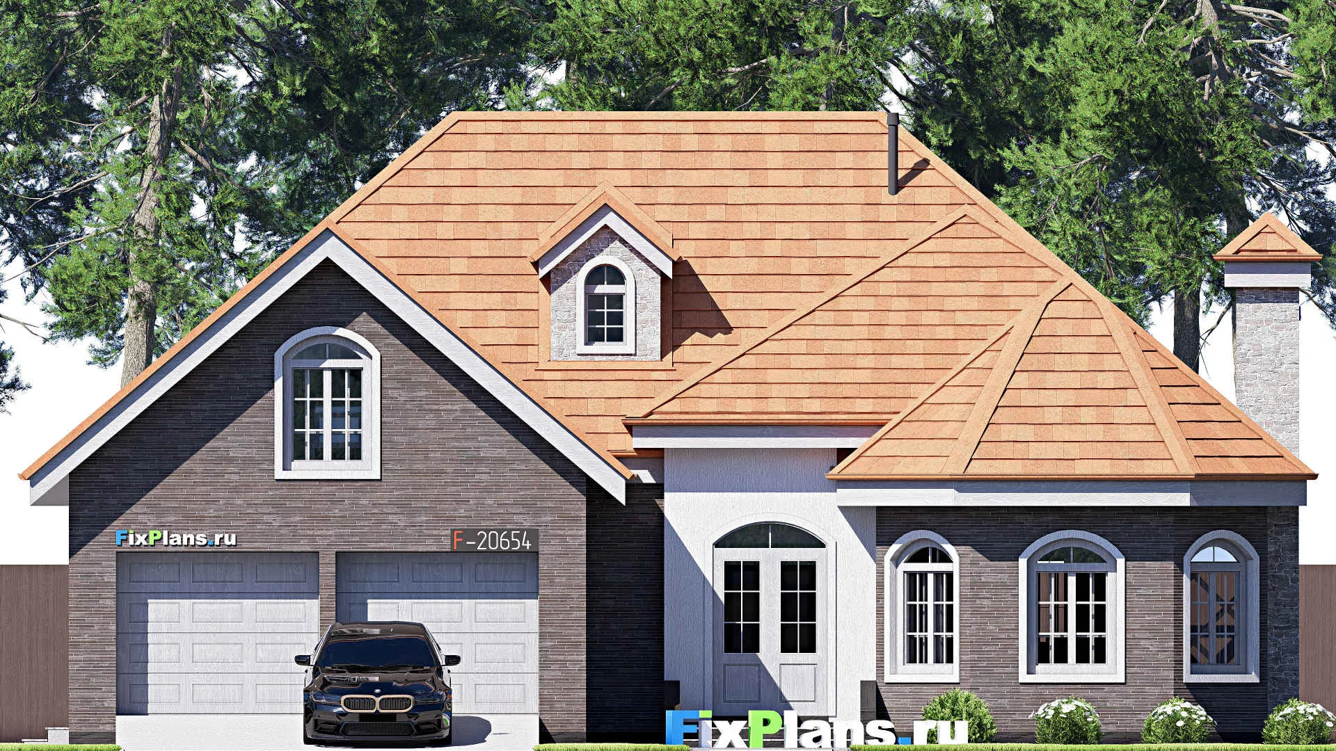 F-20654 - Проект дома с мансардой 14 на 16, площадью 190 м² с гаражом на 2 машины и 2 спальнями