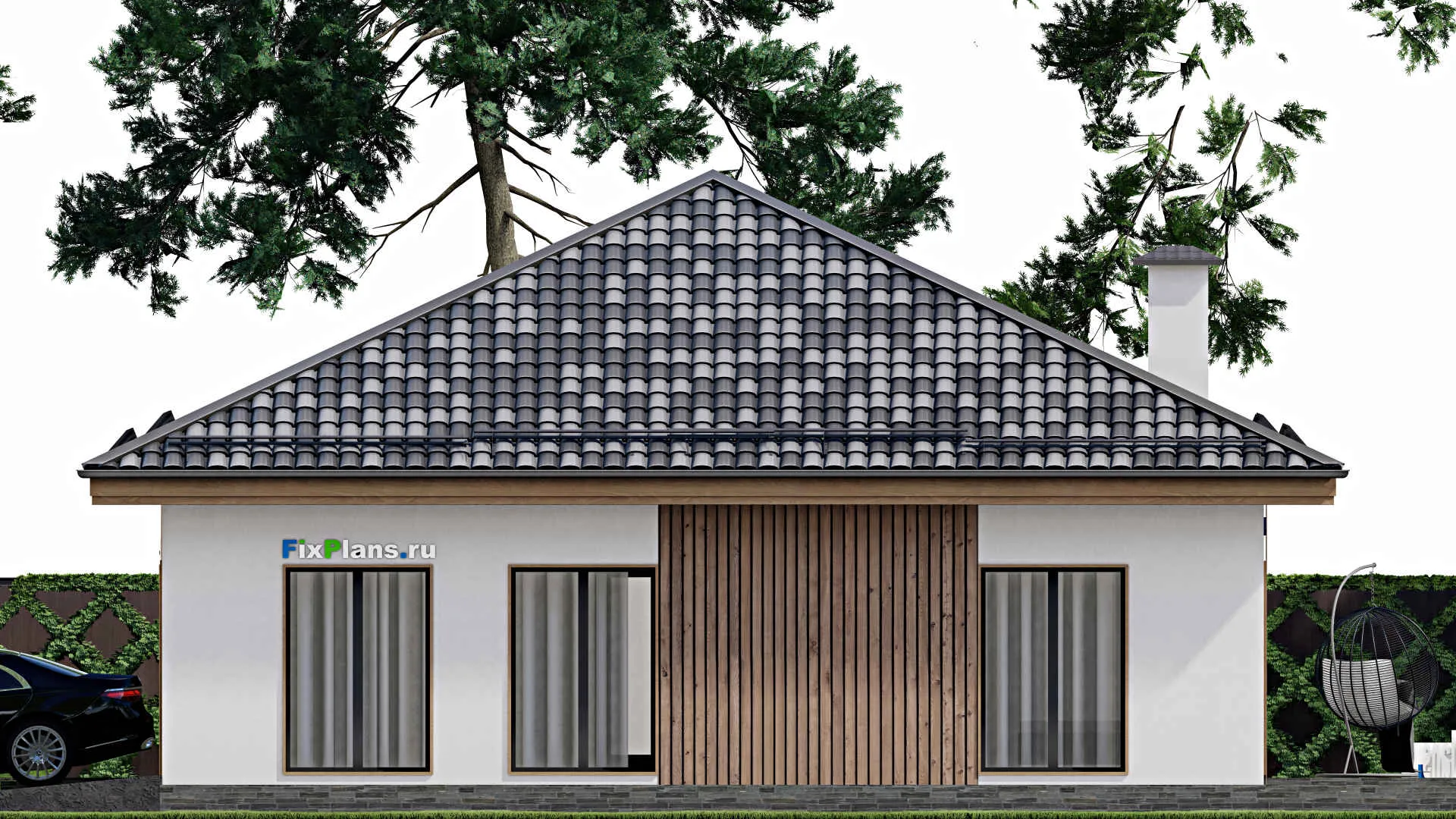 F-11195 - Проект одноэтажного дома 13 на 16, площадью 140 м² с террасой, гаражом на 1 машину и 3 спальнями