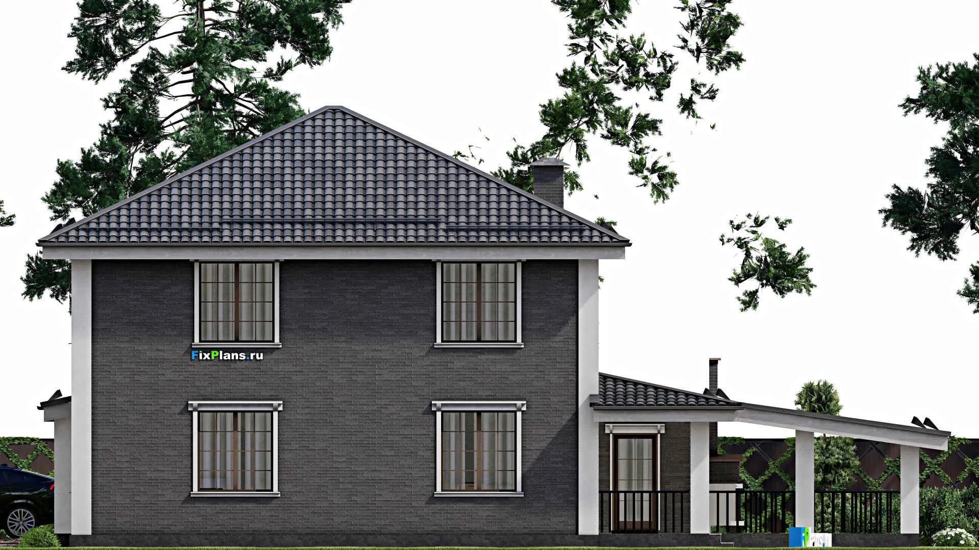 F-12356 - Проект двухэтажного дома 18 на 19, площадью 320 м² с террасой, гаражом на 2 машины и 3 спальнями