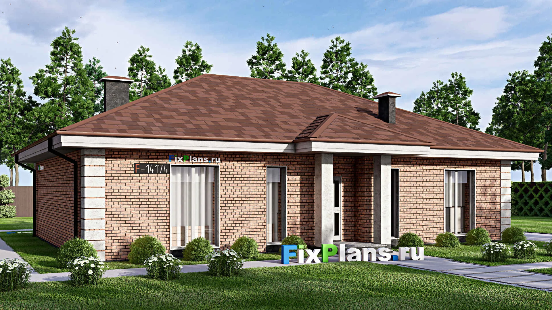 F-14174 - Проект одноэтажного дома 15 на 16, площадью 150 м² с террасой и 3 спальнями