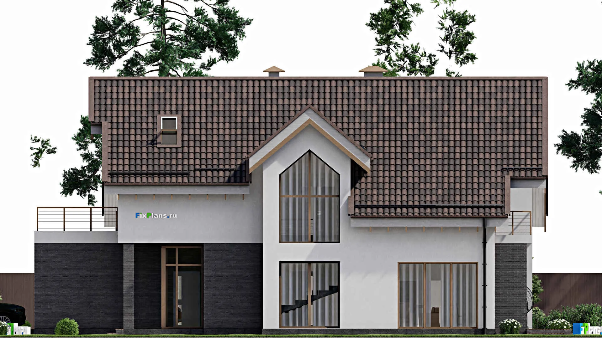 F-5732 - Проект дома с мансардой 11 на 20, площадью 240 м² с террасой, балконом, гаражом на 1 машину и 3 спальнями